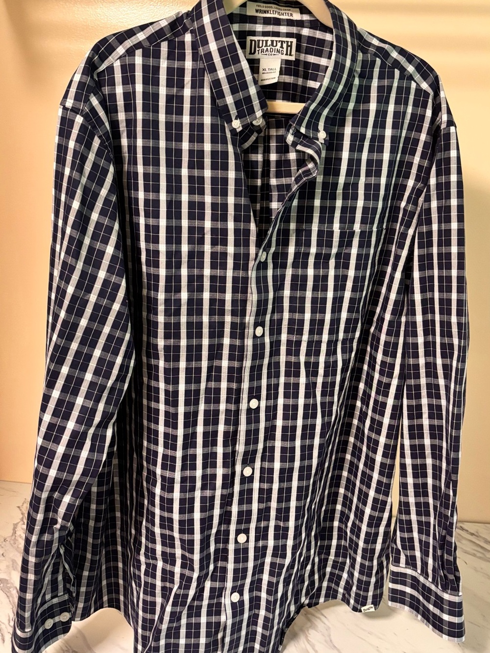 Duluth Trading Co Navy and White Plaid Button-Down Shirt